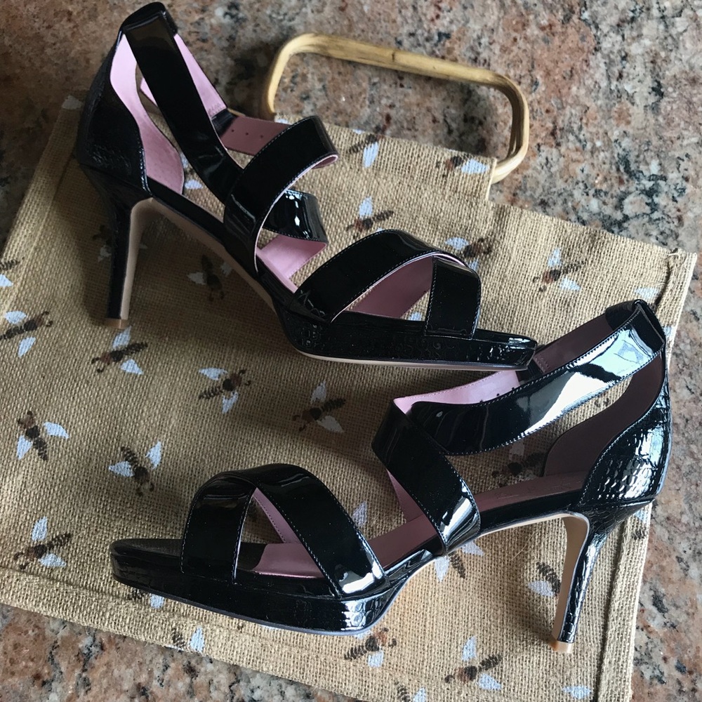 Patent Leather Black Criss Cross Strap Heel Sandal